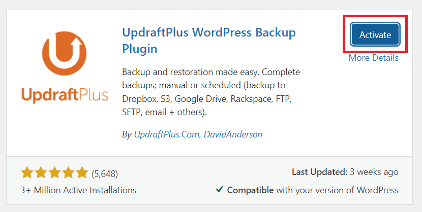 Activating UpdraftPlus plugin