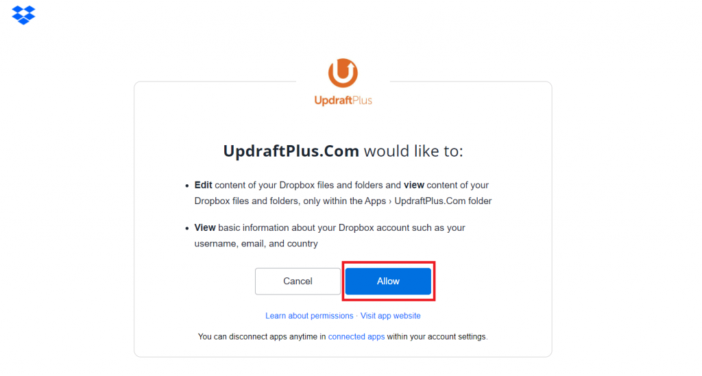 Linking dropbox with updraftplus